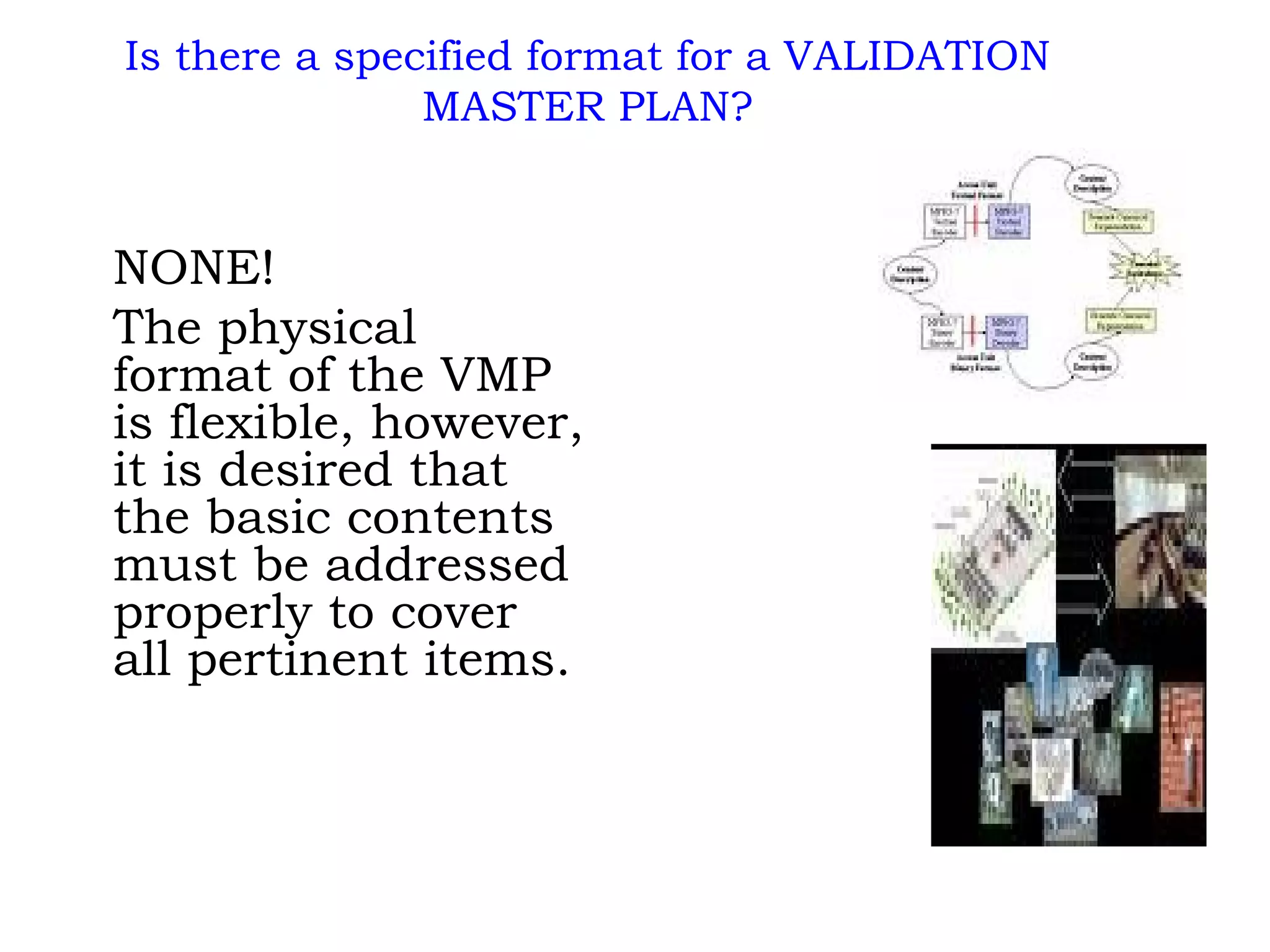 NONE! The physical format of the VMP is flexible, however, it is desired that the basic contents must be addressed properly to cover all pertinent items. Is there a specified format for a VALIDATION MASTER PLAN? 