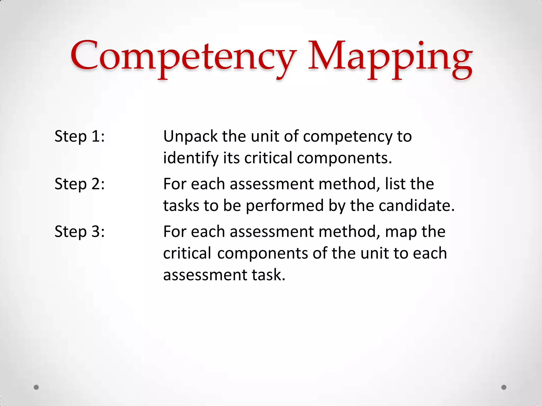 Competency Mapping
Step 1:
Step 2:
Step 3:

Unpack the unit of competency to
identify its critical components.
For each assessment method, list the
tasks to be performed by the candidate.
For each assessment method, map the
critical components of the unit to each
assessment task.

 