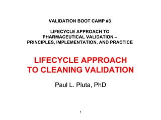 VALIDATION BOOT CAMP #3

         LIFECYCLE APPROACH TO
      PHARMACEUTICAL VALIDATION –
PRINCIPLES, IMPLEMENTATION, AND PRACTICE



 LIFECYCLE APPROACH
TO CLEANING VALIDATION
          Paul L. Pluta, PhD



                   1
 