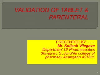 PRESENTED BY…….
          Mr. Kailash Vilegave
 Department Of Pharmaceutics
Shivajirao S .Jondhle college of
  pharmacy Asangaon 421601


                                   1
 