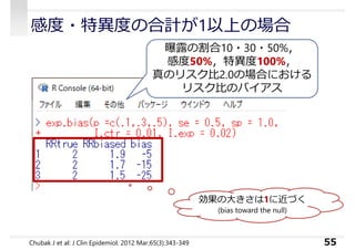 感度・特異度の合計が1以上の場合
55
曝露の割合10・30・50%，
感度50%，特異度100%，
真のリスク⽐2.0の場合における
リスク⽐のバイアス
Chubak J et al: J Clin Epidemiol. 2012 Mar;65(3):343-349
効果の⼤きさは1に近づく
(bias toward the null)
 