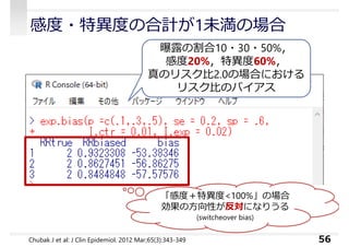 56
曝露の割合10・30・50%，
感度20%，特異度60%，
真のリスク⽐2.0の場合における
リスク⽐のバイアス
Chubak J et al: J Clin Epidemiol. 2012 Mar;65(3):343-349
「感度＋特異度<100%」の場合
効果の⽅向性が反対になりうる
(switcheover bias)
感度・特異度の合計が1未満の場合
 