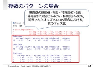 複数のパターンの場合
72
曝露群の感度68~75%・特異度97~98%，
⾮曝露群の感度61~65%・特異度97~98%，
観察されたオッズ⽐1.53の場合における，
真のオッズ⽐
Chen et al: Am J Public Health. 2013 May;103(5):e67-73.
 