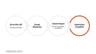 Step 5: Validation is complete
- Once three Stakeholders have sucessfully
validated your Project Facts, your Project
Validation is complete.
- You will receive an email notification.
- With a Validated Project your submission
will be complete.

citymart.com

Go to the
Call

Create
Showcase

Create
Project

Submission
Complete

 