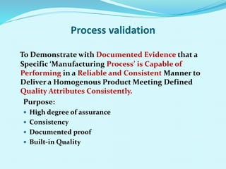 Process validation
To Demonstrate with Documented Evidence that a
Specific ‘Manufacturing Process’ is Capable of
Performing in a Reliable and Consistent Manner to
Deliver a Homogenous Product Meeting Defined
Quality Attributes Consistently.
Purpose:
 High degree of assurance
 Consistency
 Documented proof
 Built-in Quality
 
