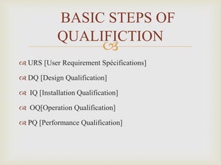 
 URS [User Requirement Spécifications]
 DQ [Design Qualification]
 IQ [Installation Qualification]
 OQ[Operation Qualification]
 PQ [Performance Qualification]
BASIC STEPS OF
QUALIFICTION
 