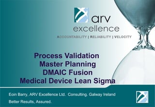 Process Validation 
Master Planning 
Medical Device Lean Sigma 
ARV Excellence is a consulting firm based in Galway Ireland. 
ARV Excellence. Better results. Assured. 
 