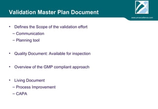 www.arvexcellence.com 
Validation Master Plan Document 
• Defines the Scope of the validation effort 
– Communication 
– Planning tool 
• Quality Document: Available for inspection 
• Overview of the GMP compliant approach 
• Living Document 
– Process Improvement 
– CAPA 
 