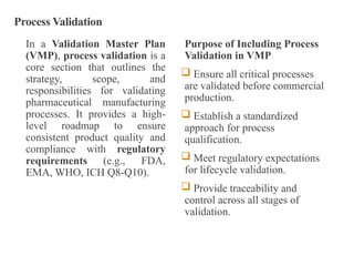 In a Validation Master Plan
(VMP), process validation is a
core section that outlines the
strategy, scope, and
responsibilities for validating
pharmaceutical manufacturing
processes. It provides a high-
level roadmap to ensure
consistent product quality and
compliance with regulatory
requirements (e.g., FDA,
EMA, WHO, ICH Q8-Q10).
Purpose of Including Process
Validation in VMP
 Ensure all critical processes
are validated before commercial
production.
 Establish a standardized
approach for process
qualification.
 Meet regulatory expectations
for lifecycle validation.
 Provide traceability and
control across all stages of
validation.
Process Validation
 