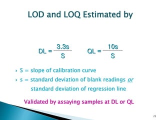  S = slope of calibration curve
 s = standard deviation of blank readings or
standard deviation of regression line
Validated by assaying samples at DL or QL
23
DL =
3.3s
QL =
10s
S S
LOD and LOQ Estimated by
 
