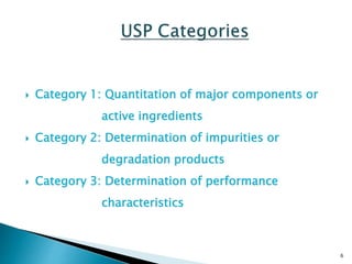  Category 1: Quantitation of major components or
active ingredients
 Category 2: Determination of impurities or
degradation products
 Category 3: Determination of performance
characteristics
6
 