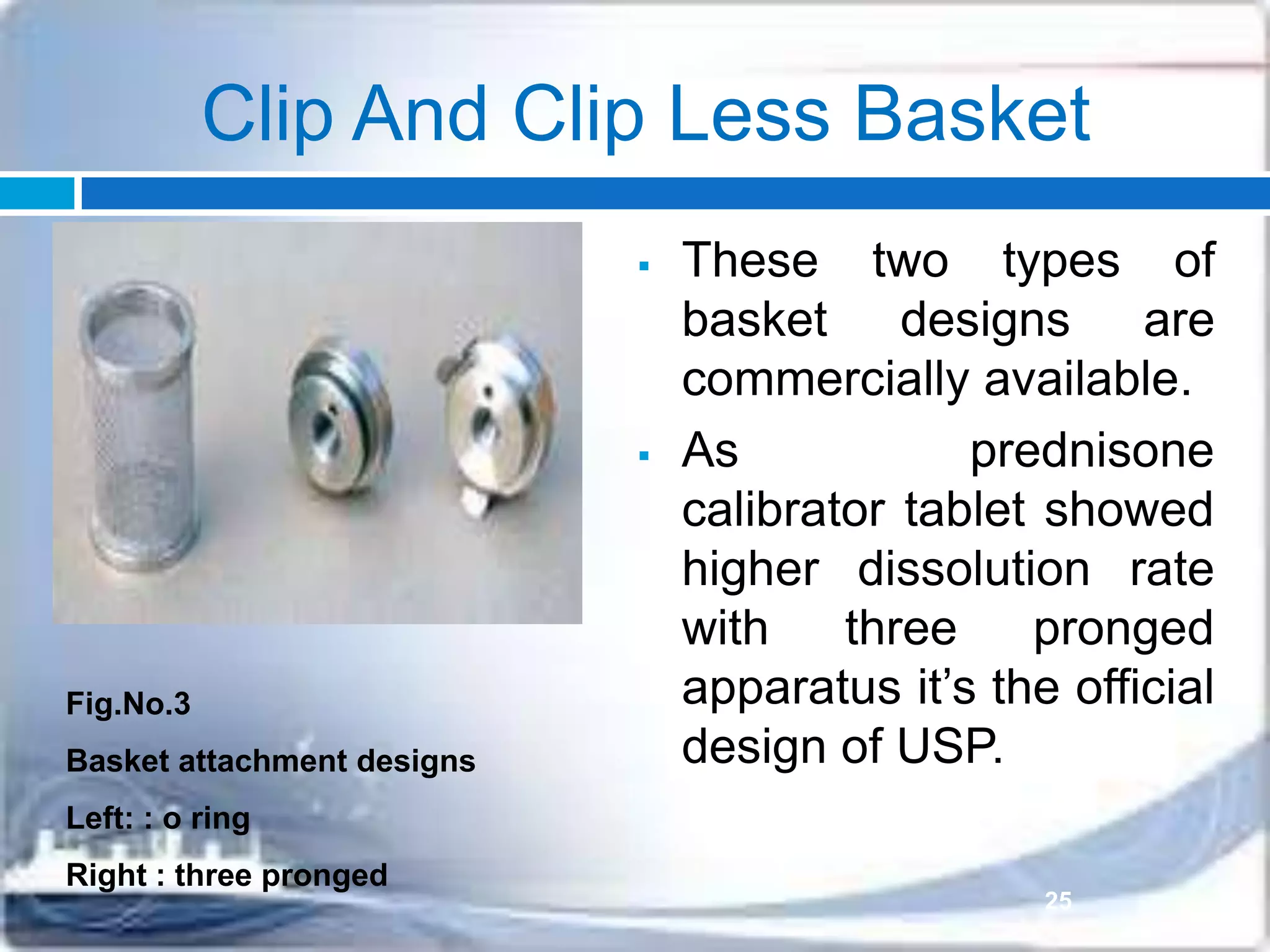 Clip And Clip Less Basket
 These two types of
basket designs are
commercially available.
 As prednisone
calibrator tablet showed
higher dissolution rate
with three pronged
apparatus it’s the official
design of USP.
Fig.No.3
Basket attachment designs
Left: : o ring
Right : three pronged
25
 