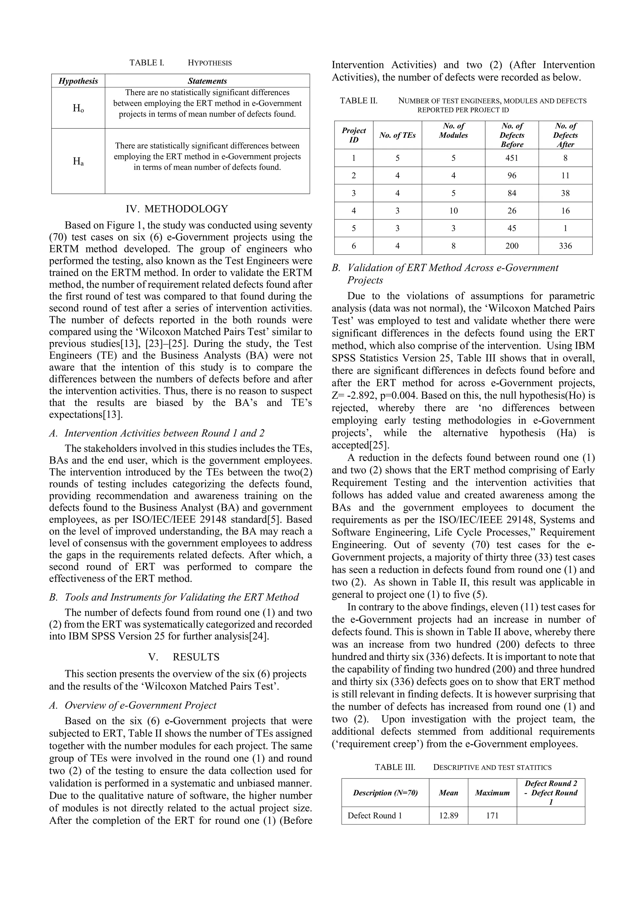 TABLE I. HYPOTHESIS
Hypothesis Statements
Ho
There are no statistically significant differences
between employing the ERT method in e-Government
projects in terms of mean number of defects found.
Ha
There are statistically significant differences between
employing the ERT method in e-Government projects
in terms of mean number of defects found.
IV. METHODOLOGY
Based on Figure 1, the study was conducted using seventy
(70) test cases on six (6) e-Government projects using the
ERTM method developed. The group of engineers who
performed the testing, also known as the Test Engineers were
trained on the ERTM method. In order to validate the ERTM
method, the number of requirement related defects found after
the first round of test was compared to that found during the
second round of test after a series of intervention activities.
The number of defects reported in the both rounds were
compared using the ‘Wilcoxon Matched Pairs Test’ similar to
previous studies[13], [23]–[25]. During the study, the Test
Engineers (TE) and the Business Analysts (BA) were not
aware that the intention of this study is to compare the
differences between the numbers of defects before and after
the intervention activities. Thus, there is no reason to suspect
that the results are biased by the BA’s and TE’s
expectations[13].
A. Intervention Activities between Round 1 and 2
The stakeholders involved in this studies includes the TEs,
BAs and the end user, which is the government employees.
The intervention introduced by the TEs between the two(2)
rounds of testing includes categorizing the defects found,
providing recommendation and awareness training on the
defects found to the Business Analyst (BA) and government
employees, as per ISO/IEC/IEEE 29148 standard[5]. Based
on the level of improved understanding, the BA may reach a
level of consensus with the government employees to address
the gaps in the requirements related defects. After which, a
second round of ERT was performed to compare the
effectiveness of the ERT method.
B. Tools and Instruments for Validating the ERT Method
The number of defects found from round one (1) and two
(2) from the ERT was systematically categorized and recorded
into IBM SPSS Version 25 for further analysis[24].
V. RESULTS
This section presents the overview of the six (6) projects
and the results of the ‘Wilcoxon Matched Pairs Test’.
A. Overview of e-Government Project
Based on the six (6) e-Government projects that were
subjected to ERT, Table II shows the number of TEs assigned
together with the number modules for each project. The same
group of TEs were involved in the round one (1) and round
two (2) of the testing to ensure the data collection used for
validation is performed in a systematic and unbiased manner.
Due to the qualitative nature of software, the higher number
of modules is not directly related to the actual project size.
After the completion of the ERT for round one (1) (Before
Intervention Activities) and two (2) (After Intervention
Activities), the number of defects were recorded as below.
TABLE II. NUMBER OF TEST ENGINEERS, MODULES AND DEFECTS
REPORTED PER PROJECT ID
Project
ID
No. of TEs
No. of
Modules
No. of
Defects
Before
No. of
Defects
After
1 5 5 451 8
2 4 4 96 11
3 4 5 84 38
4 3 10 26 16
5 3 3 45 1
6 4 8 200 336
B. Validation of ERT Method Across e-Government
Projects
Due to the violations of assumptions for parametric
analysis (data was not normal), the ‘Wilcoxon Matched Pairs
Test’ was employed to test and validate whether there were
significant differences in the defects found using the ERT
method, which also comprise of the intervention. Using IBM
SPSS Statistics Version 25, Table III shows that in overall,
there are significant differences in defects found before and
after the ERT method for across e-Government projects,
Z= -2.892, p=0.004. Based on this, the null hypothesis(Ho) is
rejected, whereby there are ‘no differences between
employing early testing methodologies in e-Government
projects’, while the alternative hypothesis (Ha) is
accepted[25].
A reduction in the defects found between round one (1)
and two (2) shows that the ERT method comprising of Early
Requirement Testing and the intervention activities that
follows has added value and created awareness among the
BAs and the government employees to document the
requirements as per the ISO/IEC/IEEE 29148, Systems and
Software Engineering, Life Cycle Processes,” Requirement
Engineering. Out of seventy (70) test cases for the e-
Government projects, a majority of thirty three (33) test cases
has seen a reduction in defects found from round one (1) and
two (2). As shown in Table II, this result was applicable in
general to project one (1) to five (5).
In contrary to the above findings, eleven (11) test cases for
the e-Government projects had an increase in number of
defects found. This is shown in Table II above, whereby there
was an increase from two hundred (200) defects to three
hundred and thirty six (336) defects. It is important to note that
the capability of finding two hundred (200) and three hundred
and thirty six (336) defects goes on to show that ERT method
is still relevant in finding defects. It is however surprising that
the number of defects has increased from round one (1) and
two (2). Upon investigation with the project team, the
additional defects stemmed from additional requirements
(‘requirement creep’) from the e-Government employees.
TABLE III. DESCRIPTIVE AND TEST STATITICS
Description (N=70) Mean Maximum
Defect Round 2
- Defect Round
1
Defect Round 1 12.89 171
 