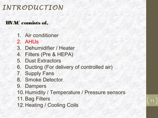 INTRODUCTION

HVAC consists of,

    1. Air conditioner
    2. AHUs
    3. Dehumidifier / Heater
    4. Filters (Pre & HEPA)
    5. Dust Extractors
    6. Ducting (For delivery of controlled air)
    7. Supply Fans
    8. Smoke Detector
    9. Dampers
    10. Humidity / Temperature / Pressure sensors
    11. Bag Filters                                 11
    12. Heating / Cooling Coils
 