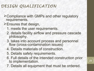 DESIGN QUALIFICATION

Compliance with GMPs and other regulatory
 requirements.
Ensures that design,
  1. meets the user requirements.
  2. details facility airflow and pressure cascade
   philosophy.
  3. takes into account process and personnel
   flow (cross-contamination issues)
  4. Details materials of construction.
  5. Details safety requirements.
  6. Full details of the intended construction prior
   to implementation.                                  29

  7. Details all equipment that must be ordered.
 