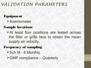 VALIDATION PARAMETERS

Equipment
 Anemometer
Sample locations
 At least four positions are tested across
   the filter or grille face to obtain the mean
   supply air velocity.
Frequency of sampling
 Sch M - 6 Monthly
 GMP compliance – Quarterly                      54
 