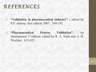 REFERENCES

1. “Validation in pharmaceutical industry” ; edited by
   P.P. sharma ;first edition 2007 ; 169-192

2. “Pharmaceutical          Process      Validation”;    An
   international 3rd edition; edited by R. A. Nash and A. H.
   Wachter; 413-432




                                                               59
 