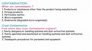 CONTAMINATION
What are contaminants ?
1. Products or substances other than the product being manufactured.
2. Foreign products.
3. Particulate matter.
4. Micro-organisms.
5. Endotoxins (degraded micro-organisms).
Cross-Contamination
From where does Cross-Contamination originate?
1. Poorly designed air handling systems and dust extraction systems.
2. Poorly operated and maintained air handling systems and dust extraction
systems.
3. Inadequate procedures for personnel and equipment.
 