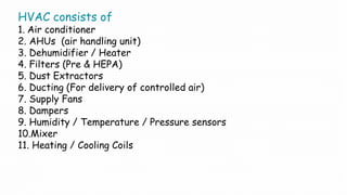 HVAC consists of
1. Air conditioner
2. AHUs (air handling unit)
3. Dehumidifier / Heater
4. Filters (Pre & HEPA)
5. Dust Extractors
6. Ducting (For delivery of controlled air)
7. Supply Fans
8. Dampers
9. Humidity / Temperature / Pressure sensors
10.Mixer
11. Heating / Cooling Coils
 