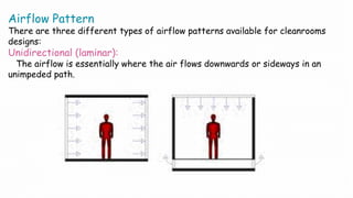 Airflow Pattern
There are three different types of airflow patterns available for cleanrooms
designs:
Unidirectional (laminar):
The airflow is essentially where the air flows downwards or sideways in an
unimpeded path.
 