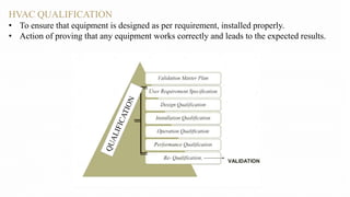 HVAC QUALIFICATION
• To ensure that equipment is designed as per requirement, installed properly.
• Action of proving that any equipment works correctly and leads to the expected results.
 