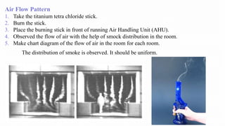 Air Flow Pattern
1. Take the titanium tetra chloride stick.
2. Burn the stick.
3. Place the burning stick in front of running Air Handling Unit (AHU).
4. Observed the flow of air with the help of smock distribution in the room.
5. Make chart diagram of the flow of air in the room for each room.
The distribution of smoke is observed. It should be uniform.
 