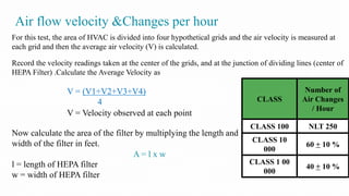 Air flow velocity &Changes per hour
For this test, the area of HVAC is divided into four hypothetical grids and the air velocity is measured at
each grid and then the average air velocity (V) is calculated.
Record the velocity readings taken at the center of the grids, and at the junction of dividing lines (center of
HEPA Filter) .Calculate the Average Velocity as
V = (V1+V2+V3+V4)
4
V = Velocity observed at each point
Now calculate the area of the filter by multiplying the length and
width of the filter in feet.
l = length of HEPA filter
w = width of HEPA filter
A = l x w
CLASS
Number of
Air Changes
/ Hour
CLASS 100 NLT 250
CLASS 10
000
60 + 10 %
CLASS 1 00
000
40 + 10 %
 