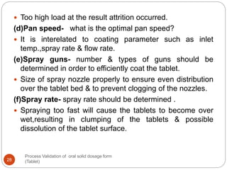 Process Validation of oral solid dosage form
(Tablet)28
 Too high load at the result attrition occurred.
(d)Pan speed- what is the optimal pan speed?
 It is interelated to coating parameter such as inlet
temp.,spray rate & flow rate.
(e)Spray guns- number & types of guns should be
determined in order to efficiently coat the tablet.
 Size of spray nozzle properly to ensure even distribution
over the tablet bed & to prevent clogging of the nozzles.
(f)Spray rate- spray rate should be determined .
 Spraying too fast will cause the tablets to become over
wet,resulting in clumping of the tablets & possible
dissolution of the tablet surface.
 