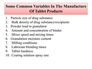 Some Common Variables In The Manufacture
Of Tablet Products
1. Particle size of drug substance
2. Bulk density of drug substance/excipients
3. Powder load in granulator
4. Amount and concentration of binder
5. Mixer speed and mixing times
6. Granulation moisture content
7. Milling conditions
8. Lubricant blending times
9. Tablet hardness
10. Coating solution spray rate
 