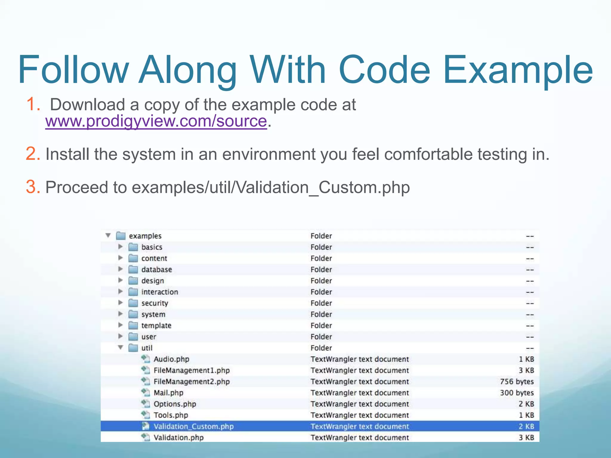 Follow Along With Code Example
1. Download a copy of the example code at
  www.prodigyview.com/source.
2. Install the system in an environment you feel comfortable testing in.
3. Proceed to examples/util/Validation_Custom.php
 
