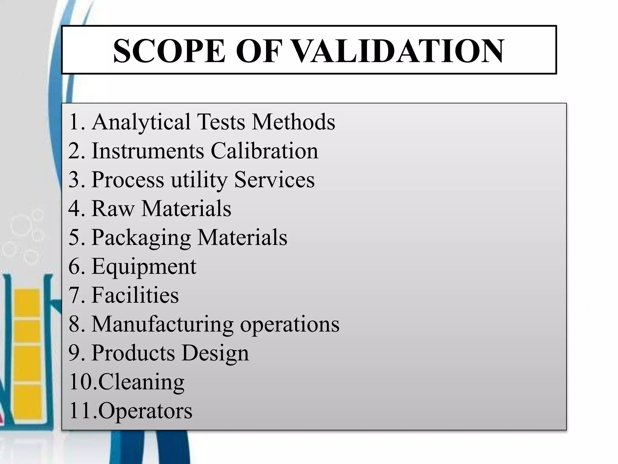 SCOPE OF VALIDATION
1. Analytical Tests Methods
2. Instruments Calibration
3. Process utility Services
4. Raw Materials
5. Packaging Materials
6. Equipment
7. Facilities
8. Manufacturing operations
9. Products Design
10.Cleaning
11.Operators
 