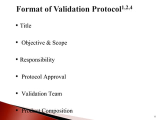 • Title
• Objective & Scope
• Responsibility
• Protocol Approval
• Validation Team
• Product Composition
11
 