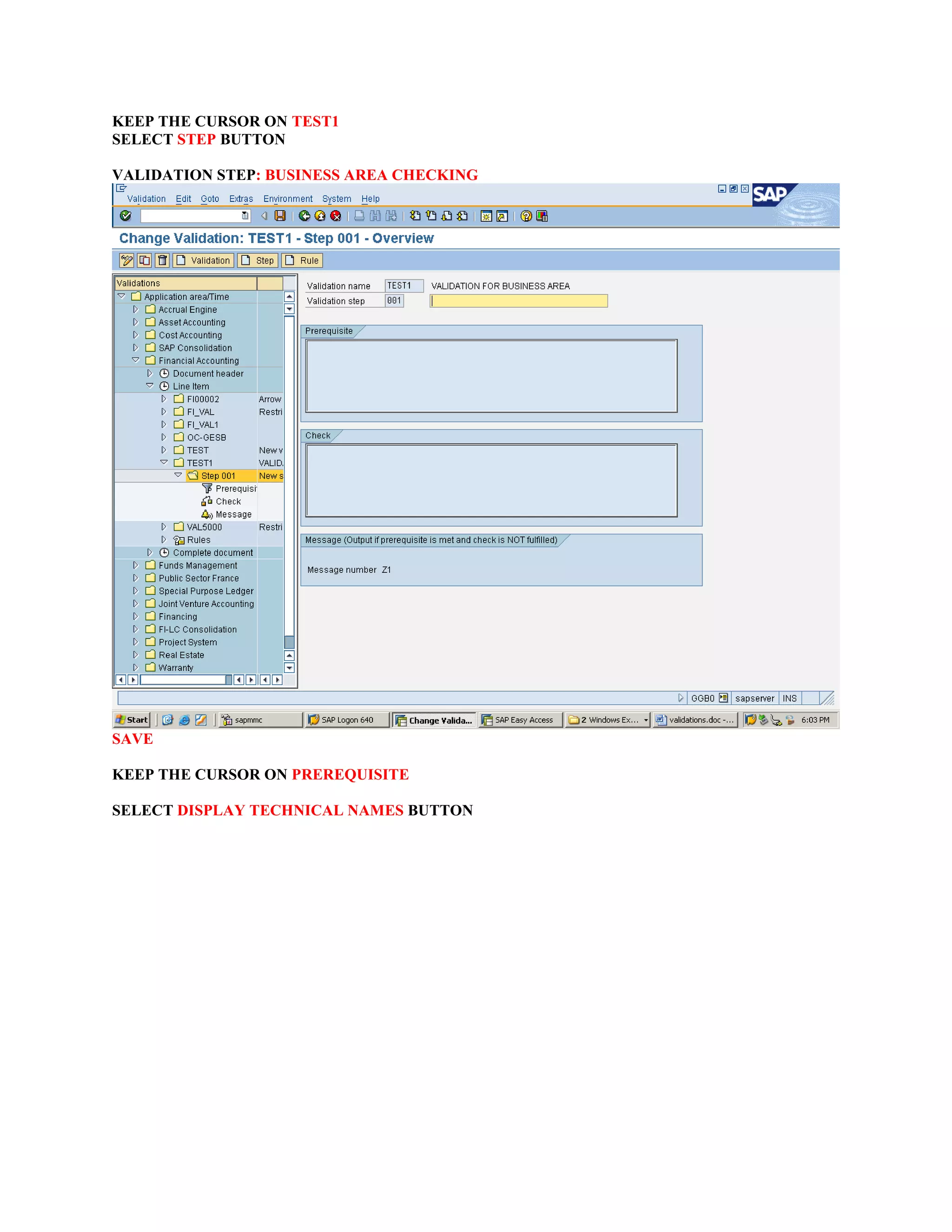 KEEP THE CURSOR ON TEST1
SELECT STEP BUTTON
VALIDATION STEP: BUSINESS AREA CHECKING
SAVE
KEEP THE CURSOR ON PREREQUISITE
SELECT DISPLAY TECHNICAL NAMES BUTTON
 