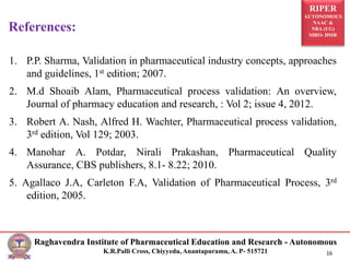 RIPER
AUTONOMOUS
NAAC &
NBA (UG)
SIRO- DSIR
Raghavendra Institute of Pharmaceutical Education and Research - Autonomous
K.R.Palli Cross, Chiyyedu, Anantapuramu, A. P- 515721 16
References:
1. P.P. Sharma, Validation in pharmaceutical industry concepts, approaches
and guidelines, 1st edition; 2007.
2. M.d Shoaib Alam, Pharmaceutical process validation: An overview,
Journal of pharmacy education and research, : Vol 2; issue 4, 2012.
3. Robert A. Nash, Alfred H. Wachter, Pharmaceutical process validation,
3rd edition, Vol 129; 2003.
4. Manohar A. Potdar, Nirali Prakashan, Pharmaceutical Quality
Assurance, CBS publishers, 8.1- 8.22; 2010.
5. Agallaco J.A, Carleton F.A, Validation of Pharmaceutical Process, 3rd
edition, 2005.
 