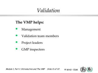 Module 1, Part 1: Introduction and The VMP Slide 11 of 22 © WHO – EDM
Validation
The VMP helps:
 Management
 Validation team members
 Project leaders
 GMP inspectors
 