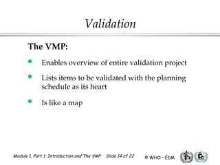 Module 1, Part 1: Introduction and The VMP Slide 14 of 22 © WHO – EDM
Validation
The VMP:
 Enables overview of entire validation project
 Lists items to be validated with the planning
schedule as its heart
 Is like a map
 