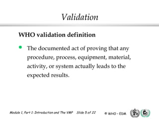 Module 1, Part 1: Introduction and The VMP Slide 5 of 22 © WHO – EDM
Validation
WHO validation definition
 The documented act of proving that any
procedure, process, equipment, material,
activity, or system actually leads to the
expected results.
 