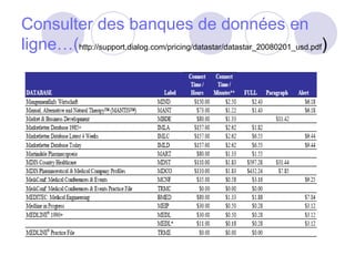 Consulter des banques de données en ligne…( http://support.dialog.com/pricing/datastar/datastar_20080201_usd.pdf ) 