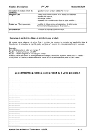 Creation d’Entreprises

3ème LAIF

NaïssanLEMJID

réputation du métier, déficit de
confiance)
Image de luxe

- "positionnement rendant crédible" à trouver

Impact sur l’Environnement

- hostilité de futurs voisins, d’associations de défense de
l’environnement ou de groupes de pression,…

Lisibilité faible

- nécessité d’une forte communication,

- politique de communication et de distribution adaptée,
- dépôt d’une marque,
- emballage coûteux,
- nécessité d’un emplacement dans un beau quartier,…

Exemples de contraintes liées à la distribution du produit :
Là encore, sans présumer du choix final, il convient de prendre en compte les spécificités liées à
l’écoulement du produit sur le marché, ou les barrières qu’il pourrait être nécessaire de franchir pour cela.
Exemples :
Sera-t-il nécessaire de créer une marque ?
Faudra-t-il utiliser un réseau sélectif ?
Faudra-t-il mettre en place un service après-vente ?
Avez-vous évalué le temps et les moyens nécessaires pour approcher la grande distribution, s'il y a lieu ?
Votre produit ou prestation nécessitera-t-il de mettre en place des moyens de publicité particuliers ?

Les contraintes propres à votre produit ou à votre prestation
………………………………………………………………………………………………….
………………
………………………………………………………………………………………………….
………………
………………………………………………………………………………………………….
………………
………………………………………………………………………………………………….
………………
………………………………………………………………………………………………….
………………
………………………………………………………………………………………………….
………………
………………………………………………………………………………………………….
………………
………………………………………………………………………………………………….
………………
………………………………………………………………………………………………….
………………
………………………………………………………………………………………………….
………………
………………………………………………………………………………………………….
………………
………………………………………………………………………………………………….
………………
Agence Pour la Création d’Entreprises – 15/03/04

14 / 32

 