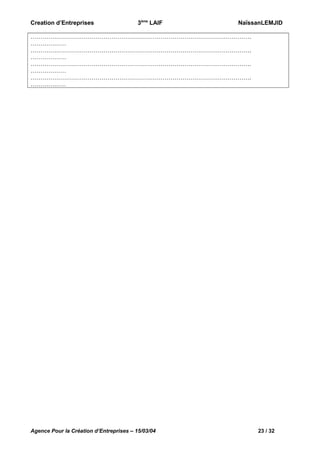 Creation d’Entreprises

3ème LAIF

NaïssanLEMJID

………………………………………………………………………………………………….
………………
………………………………………………………………………………………………….
………………
………………………………………………………………………………………………….
………………
………………………………………………………………………………………………….
………………

Agence Pour la Création d’Entreprises – 15/03/04

23 / 32

 