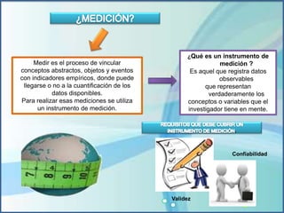 Medir es el proceso de vincular
conceptos abstractos, objetos y eventos
con indicadores empíricos, donde puede
llegarse o no a la cuantificación de los
datos disponibles.
Para realizar esas mediciones se utiliza
un instrumento de medición.
¿Qué es un instrumento de
medición ?
Es aquel que registra datos
observables
que representan
verdaderamente los
conceptos o variables que el
investigador tiene en mente.
.
Validez
Confiabilidad
 