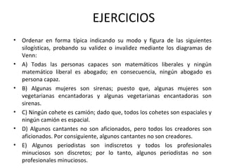 EJERCICIOS Ordenar en forma típica indicando su modo y figura de las siguientes silogísticas, probando su validez o invalidez mediante los diagramas de Venn: A) Todas las personas capaces son matemáticos liberales y ningún matemático liberal es abogado; en consecuencia, ningún abogado es persona capaz. B) Algunas mujeres son sirenas; puesto que, algunas mujeres son vegetarianas encantadoras y algunas vegetarianas encantadoras son sirenas. C) Ningún cohete es camión; dado que, todos los cohetes son espaciales y ningún camión es espacial. D) Algunos cantantes no son aficionados, pero todos los creadores son aficionados. Por consiguiente, algunos cantantes no son creadores. E) Algunos periodistas son indiscretos y todos los profesionales minuciosos son discretos; por lo tanto, algunos periodistas no son profesionales minuciosos. 