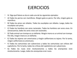 EJERCICIOS IV. Diga qué falacia se da en cada uno de los siguientes ejemplos: A) Todos los perros son mamíferos. Ningún gato es perro. Por ello, ningún gato es mamífero. B) Todos los pinos son árboles. Todos los eucaliptos son árboles. Luego, todos los eucaliptos son pinos. C) Todos los hombres son seres racionales. Todos los hombres son seres vivos. En consecuencia, todos los seres vivos son racionales. D) Todo animal con trompa es un elefante. Ningún mono es un animal con trompa. Por ello, ningún mono es un elefante. E) Todos los tejanos son americanos y ningún californiano es tejano. Por lo tanto, ningún californiano es americano.  F) Todos los comunistas son subversivos y todos los comunistas son críticos del capitalismo. Por lo tanto, todos los críticos del capitalismo son subversivos. G) Todos los rusos eran revolucionarios y todos los anarquistas eran revolucionarios. Luego, todos los anarquistas eran rusos. 