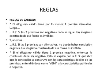 REGLAS REGLAS DE CALIDAD: * El silogismo válido tiene por lo menos 1 premisa afirmativa. Luego,… …  R.7. Si las 2 premisas son negativas nada se sigue. Un silogismo construido de esa forma es inválido. Y, además, … …  R.6. Si las 2 premisas son afirmativas, no puede haber conclusión negativa. Un silogismo construido de esa forma es inválido. * Si el silogismo válido tiene 1 premisa negativa, entonces la conclusión debe ser negativa. Esto se explica por la R. 3. que dice que la conclusión se construye con las características débiles de las premisas, entendiéndose como “débil” a la característica particular o negativa. 