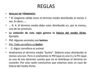 REGLAS REGLAS DE TÉRMINOS: * El silogismo válido tiene el término medio distribuido al menos 1 vez. Es decir, … …  R. 4. El término medio debe estar distribuido en, por lo menos, una de las premisas. La violación de esta regla genera la  falacia del medio ilícito . Ejemplo: PM: Algunos animales son  buitres Pm: Todo carroñero es  buitre C: Algún carroñero es animal Analicemos el término medio “buitre”. Debería estar distribuido al menos una vez. Pero si analizamos la PM (que es una I) y la Pm (que es una A) nos daremos cuenta que no se distribuye el término en cuestión. Por esta razón concluimos que estamos ante un caso de falacia del medio ilícito. 
