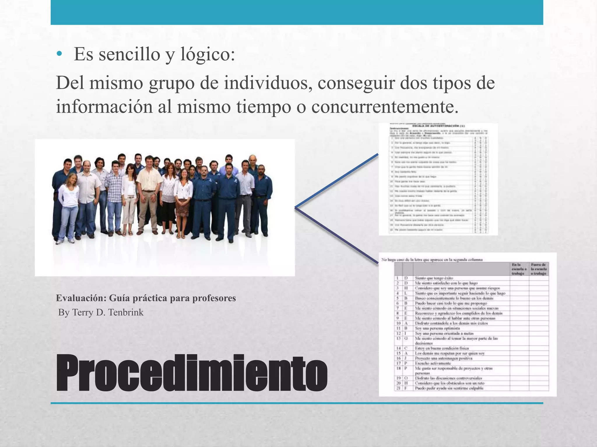 • Es sencillo y lógico:
Del mismo grupo de individuos, conseguir dos tipos de
información al mismo tiempo o concurrentemente.




Evaluación: Guía práctica para profesores
By Terry D. Tenbrink




Procedimiento
 