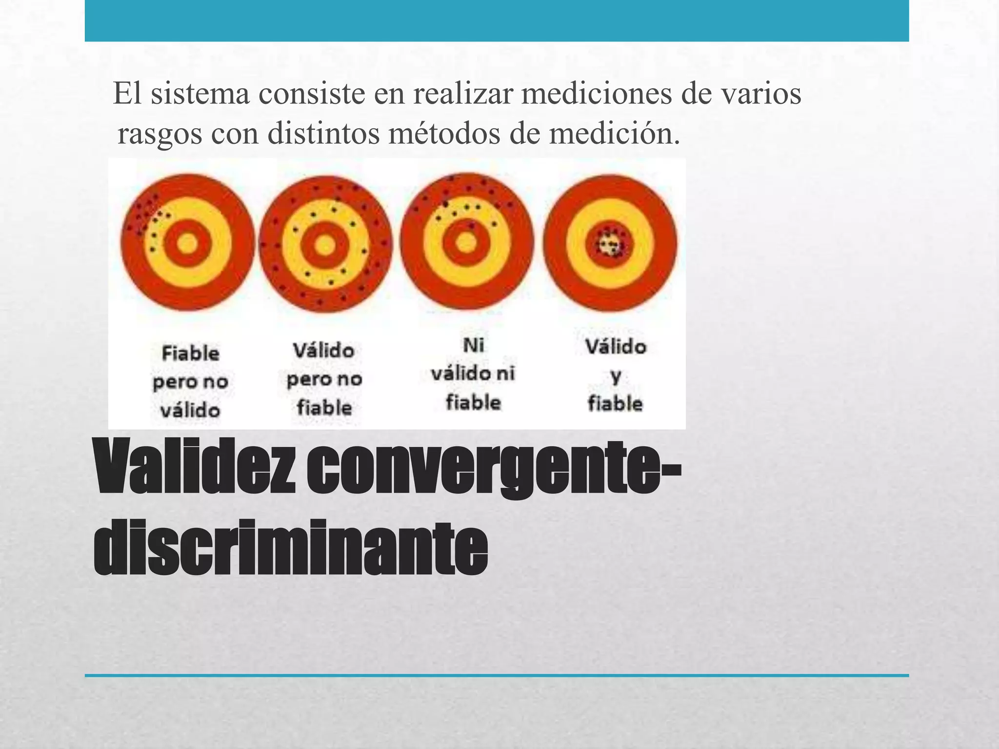 El sistema consiste en realizar mediciones de varios
rasgos con distintos métodos de medición.




Validez convergente-
discriminante
 