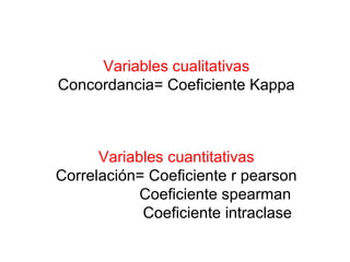 Variables cualitativas
Concordancia= Coeficiente Kappa
Variables cuantitativas
Correlación= Coeficiente r pearson
Coeficiente spearman
Coeficiente intraclase
 
