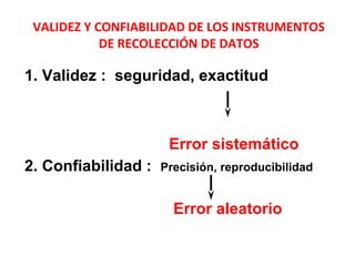 1. Validez : seguridad, exactitud
Error sistemático
2. Confiabilidad : Precisión, reproducibilidad
Error aleatorio
VALIDEZ Y CONFIABILIDAD DE LOS INSTRUMENTOS
DE RECOLECCIÓN DE DATOS
 