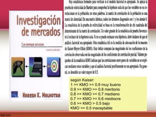 según Kaiser:
1 >= KMO >= 0.9 muy bueno
0.9 >= KMO >= 0.8 meritorio
0.8 >= KMO >= 0.7 mediano
0.7 >= KMO >= 0.6 mediocre
0.6 >= KMO > 0.5 bajo
KMO <= 0.5 inaceptable
 